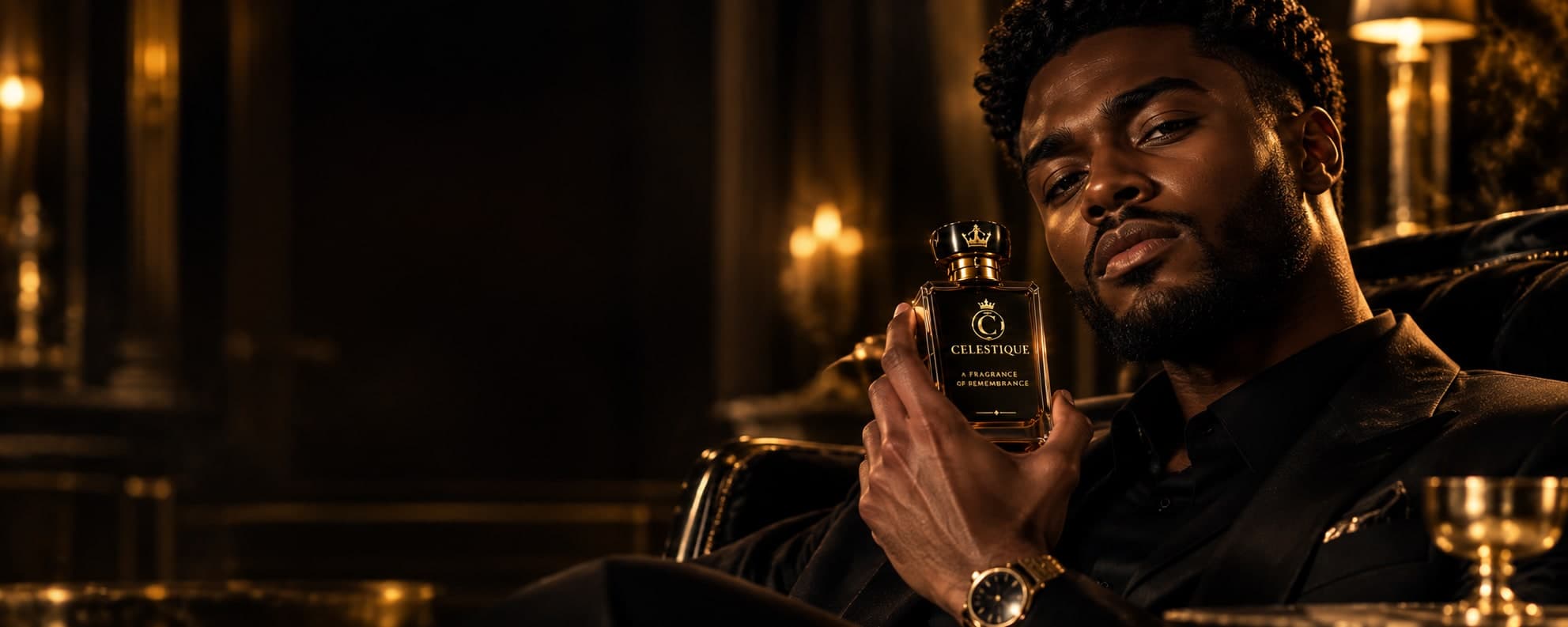 Celestique — a man in black holding the crowned flacon of A Fragrance of Remembrance in golden candlelight