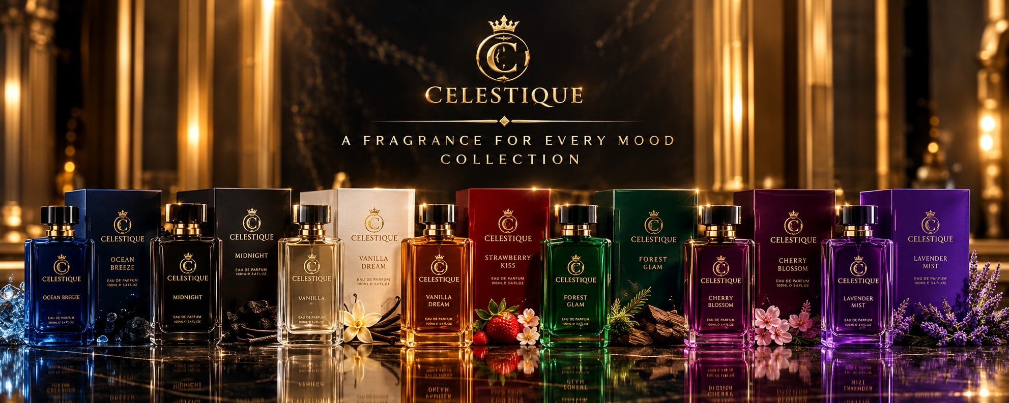 The complete Célestique fragrance collection — nine eau de parfum bottles lined up beneath the crowned-C crest: a fragrance for every mood
