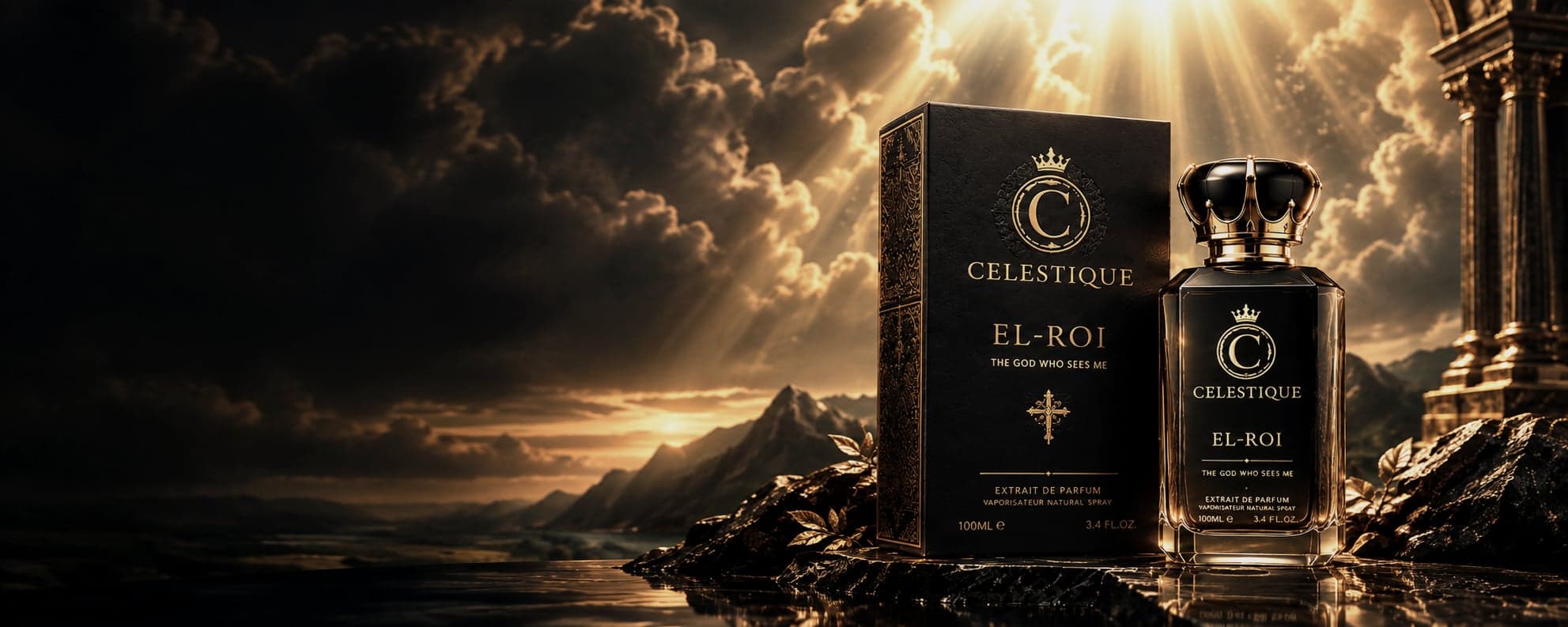 Celestique — A Fragrance of Remembrance — the God who sees me — flacon and presentation box in golden light